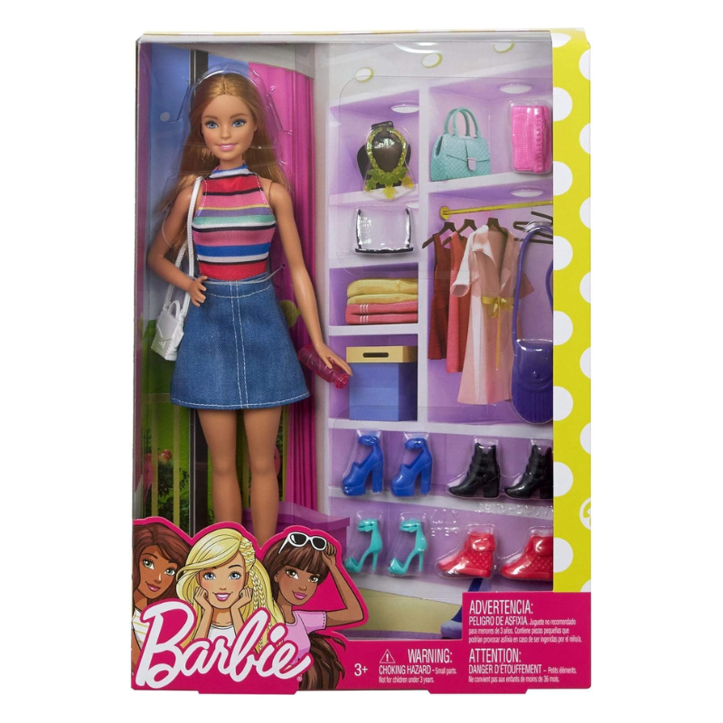 Barbie Doll & Accessories Set with 11 Pieces Including Shoes, Purses, Sunglasses & More Ideal for kids to create different scenarios, providing endless fun and entertainment. FVJ42