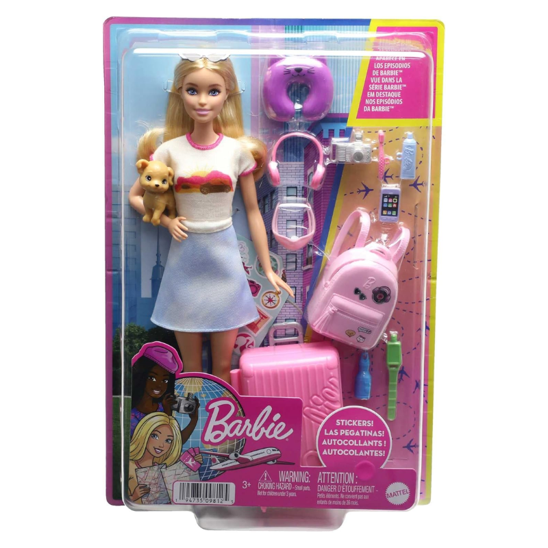 Barbie Doll and Accessories, 'Malibu' Travel Set with Puppy and 10+ Pieces Including Working Suitcase. The suitcase opens and closes, offering a hands-on experience that teaches kids to stay organized while they pack for Barbie’s adventures. HJY18