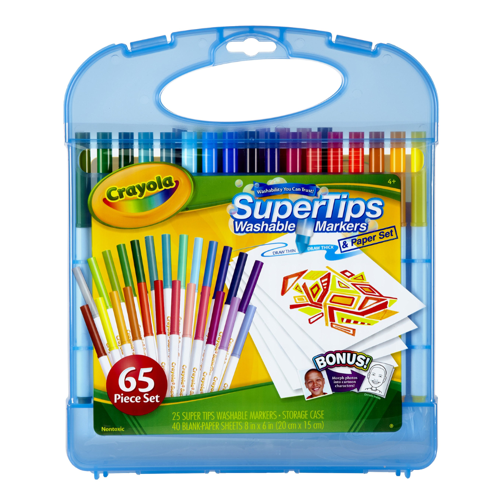 Crayola Super Tips Washable Markers and Paper Set 65 Piece Art Kit. This set features 25 washable super tip markers in a range of vibrant colors, ideal for crafting bold and beautiful artwork without the concern of stubborn stains. 04-5226