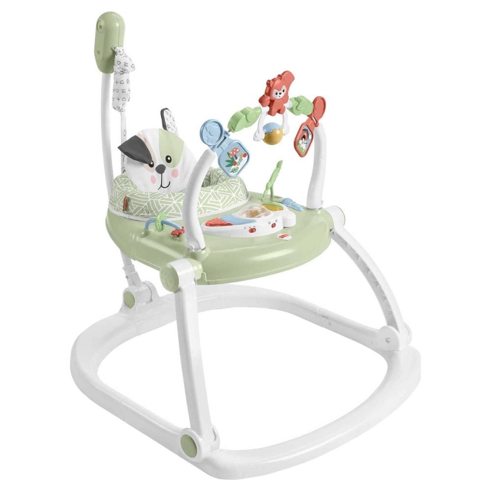 Fisher-Price Spacesaver Jumperoo Baby Bouncer Activity Center With Lights & Sounds Puppy Perfection. Get your baby’s gross motor skills moving with the Fisher-Price Puppy Perfection SpaceSaver Jumperoo! HNX64