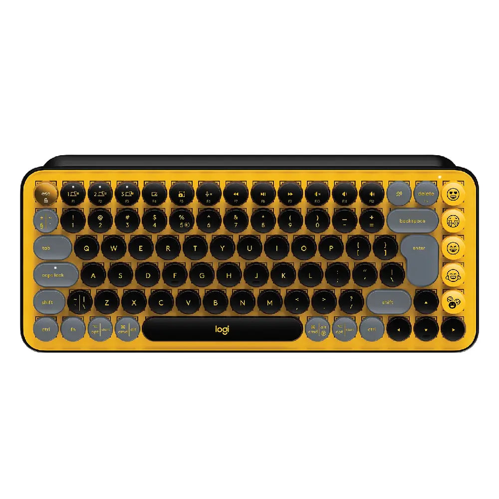 Logitech POP KEYS WIRELESS MECH KEYBOARD BLAST YELLOW WITH EMOJI KEYS. Express your digital personality with 8 interchangeable emoji keys and a dedicated emoji menu key on this retro-inspired mechanical keyboard. 920-010707
