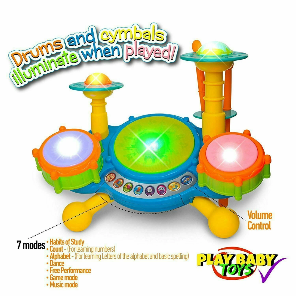 Educational Toys For 2 Year Old Baby Kids Toddlers Boy Girl Learning Drum Set. Children can express their creativity by drumming freestyle or choose to play along with nine built-in melodies featuring a mix of musical styles.  PB-F806417 thumbnail
