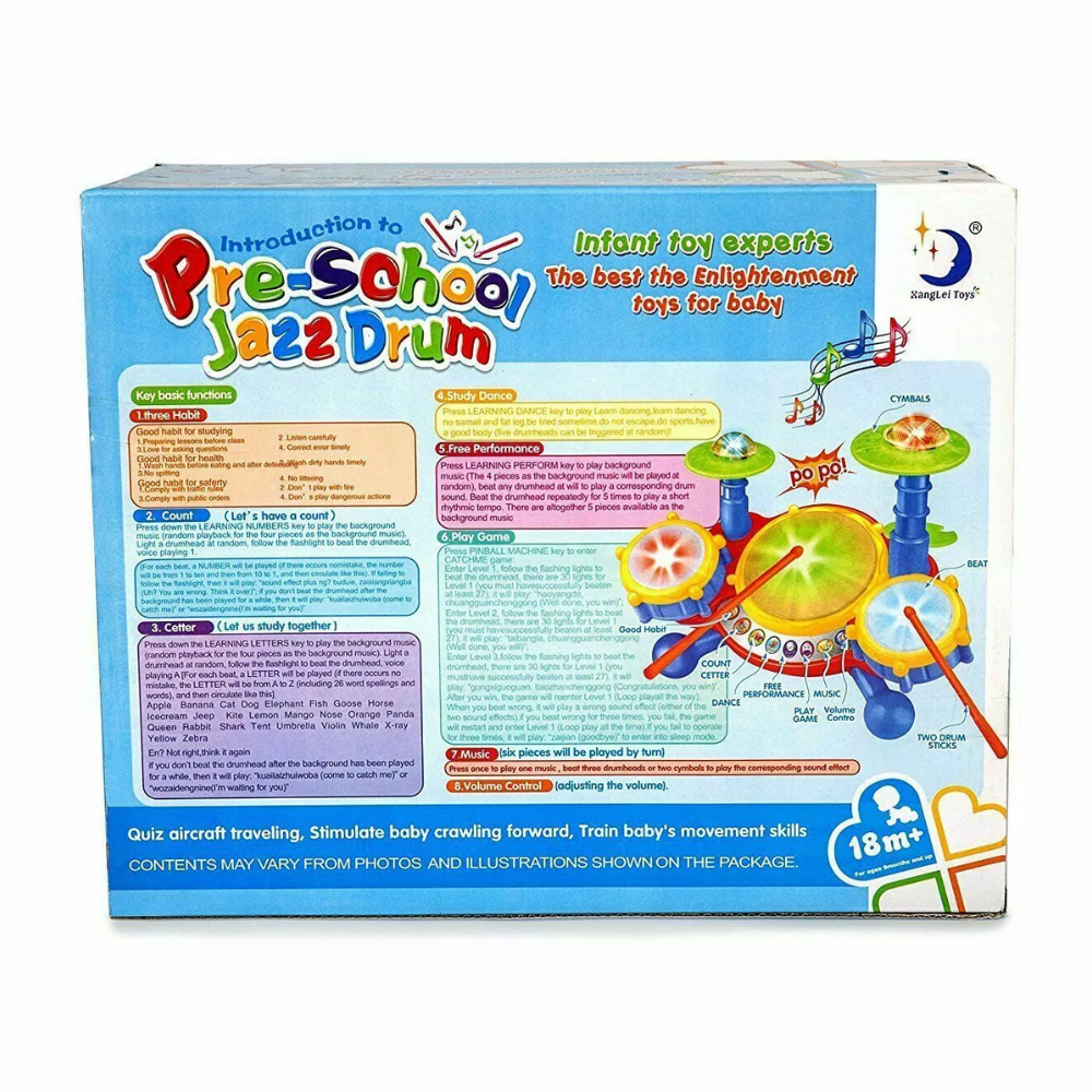 Educational Toys For 2 Year Old Baby Kids Toddlers Boy Girl Learning Drum Set. Children can express their creativity by drumming freestyle or choose to play along with nine built-in melodies featuring a mix of musical styles.  PB-F806417 thumbnail