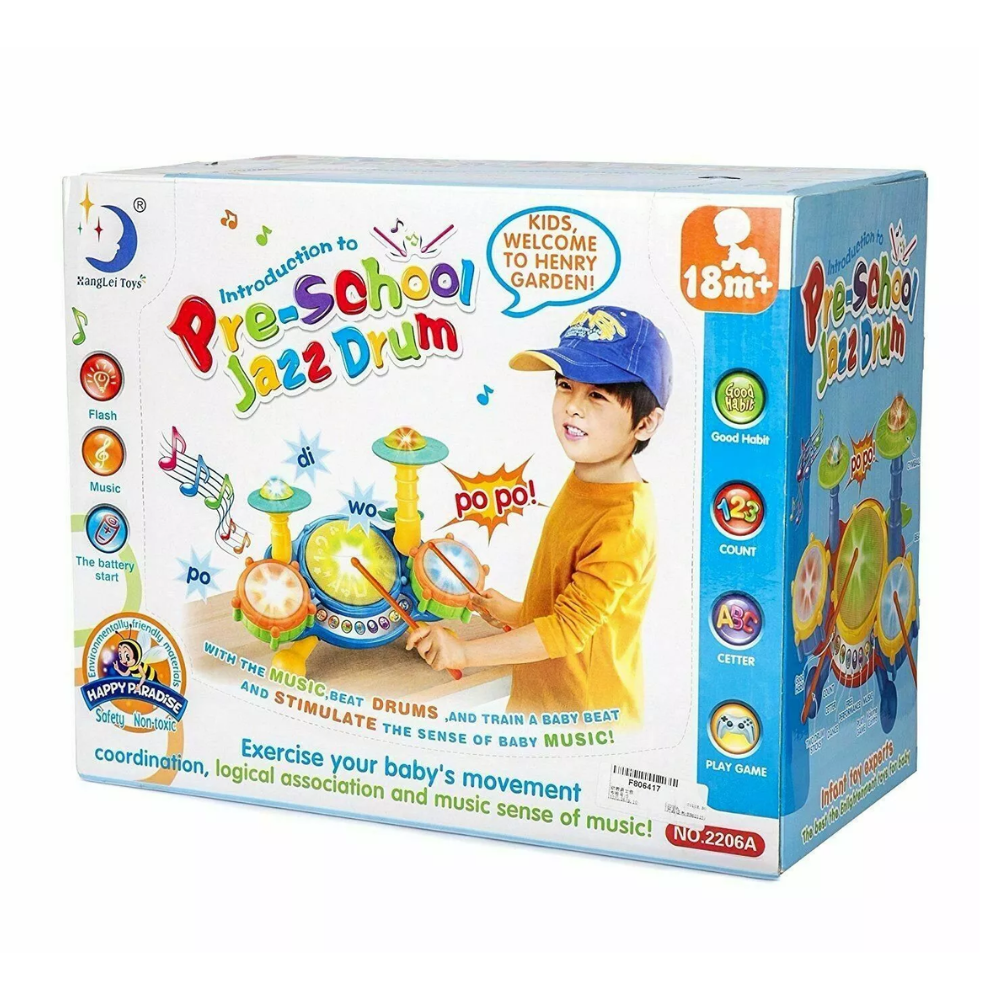 Educational Toys For 2 Year Old Baby Kids Toddlers Boy Girl Learning Drum Set. Children can express their creativity by drumming freestyle or choose to play along with nine built-in melodies featuring a mix of musical styles.  PB-F806417 thumbnail