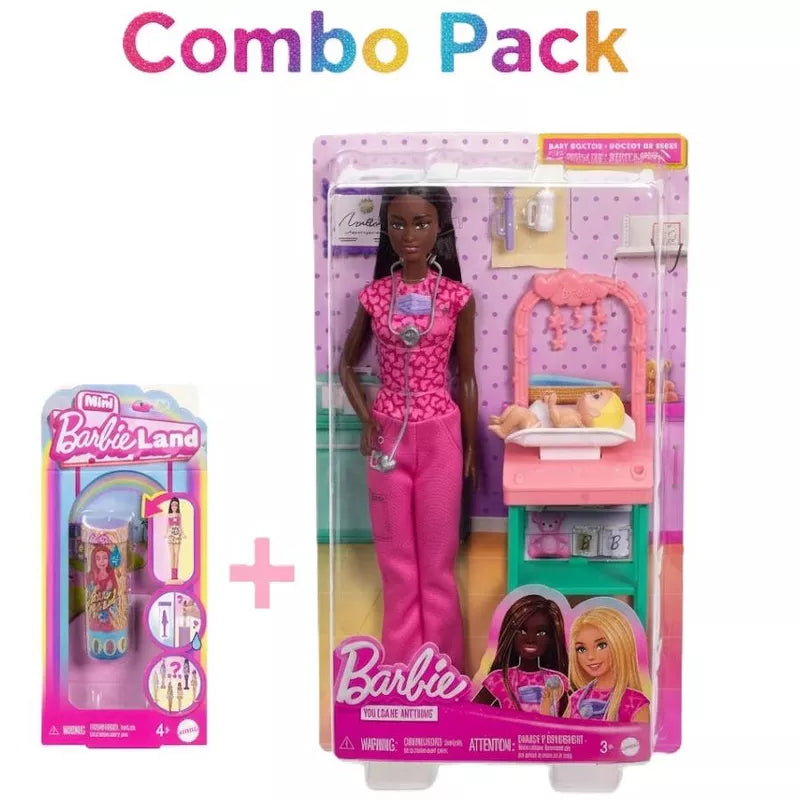 Barbie Baby Doctor Playset with Accessories + Barbie Mini BarbieLand Colour Reveal 1.5″ Doll Bundle – Mattel Kids Toys