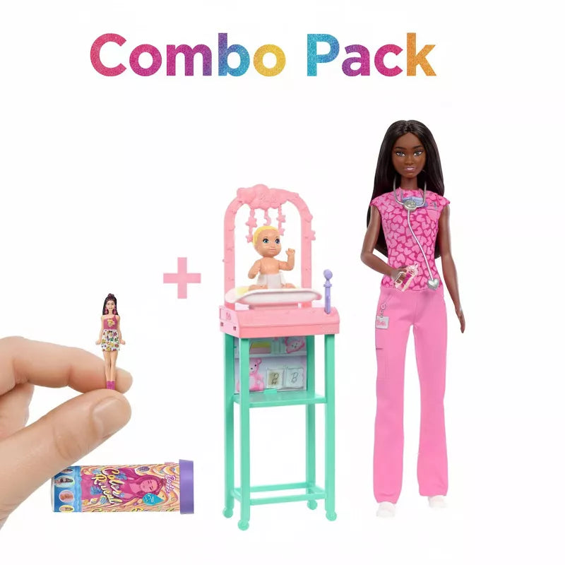 Barbie Baby Doctor Playset with Accessories + Barbie Mini BarbieLand Colour Reveal 1.5″ Doll Bundle – Mattel Kids Toys thumbnail