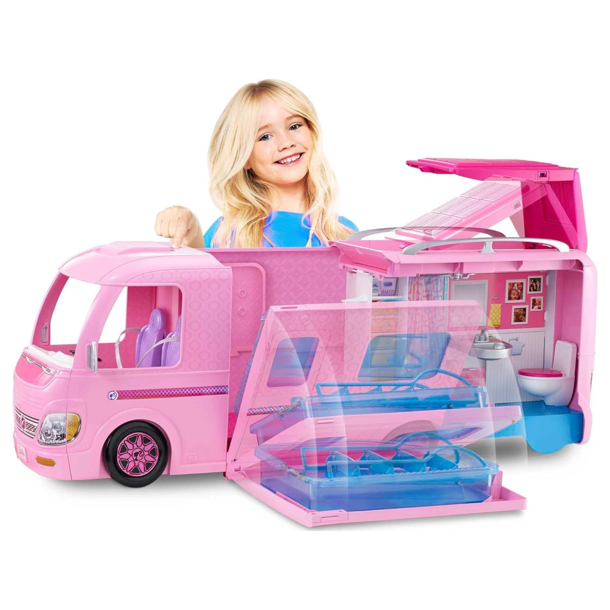 Barbie DreamCamper Playset – Adventure Camper Toy Vehicle with 50+ Accessories Including Furniture, Pool with Slide, Hammocks & Campfire Setup. The incredible Barbie DreamCamper transforms from a stylish RV into a fully equipped campsite playset FBR34 thumbnail