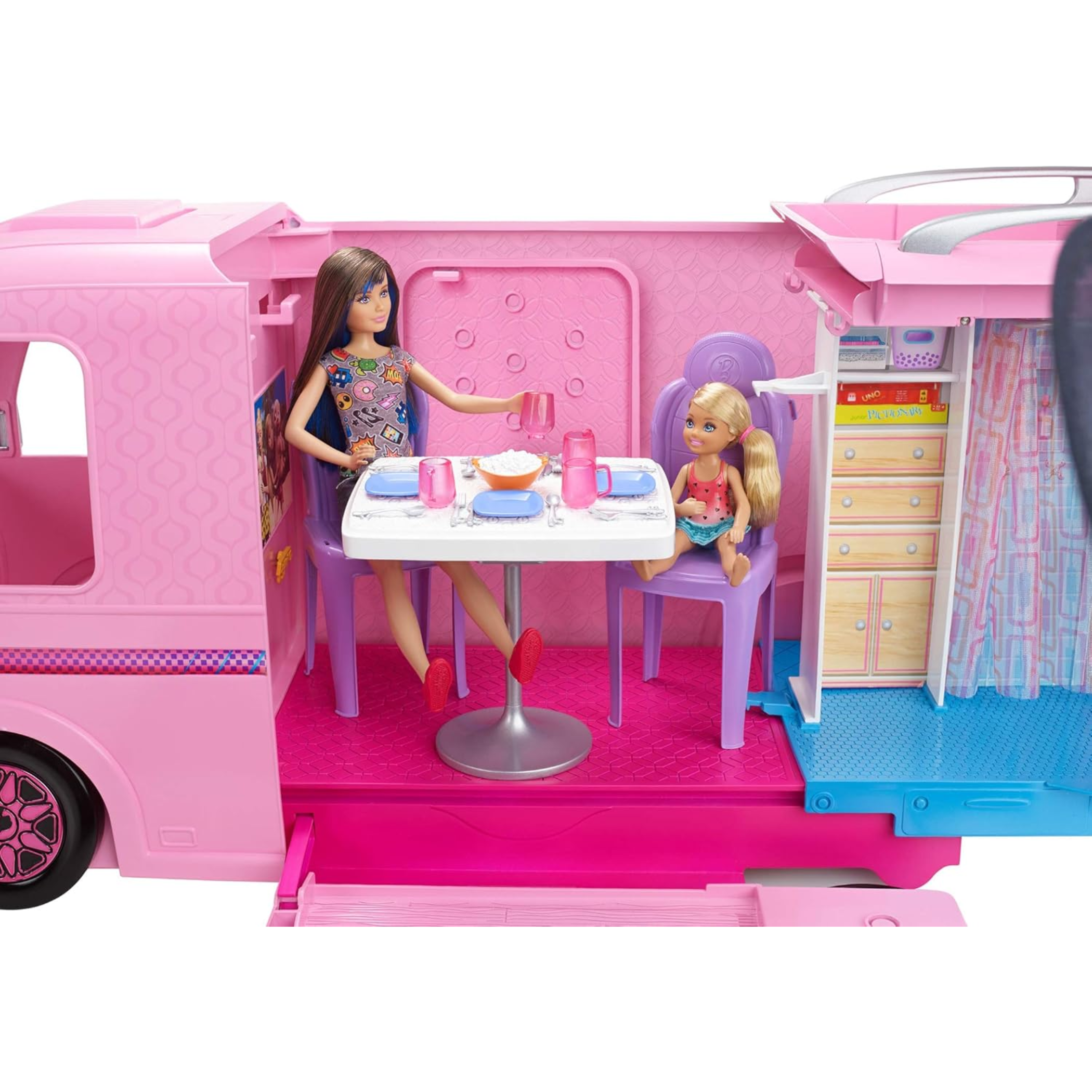 Barbie DreamCamper Playset – Adventure Camper Toy Vehicle with 50+ Accessories Including Furniture, Pool with Slide, Hammocks & Campfire Setup. The incredible Barbie DreamCamper transforms from a stylish RV into a fully equipped campsite playset FBR34 thumbnail