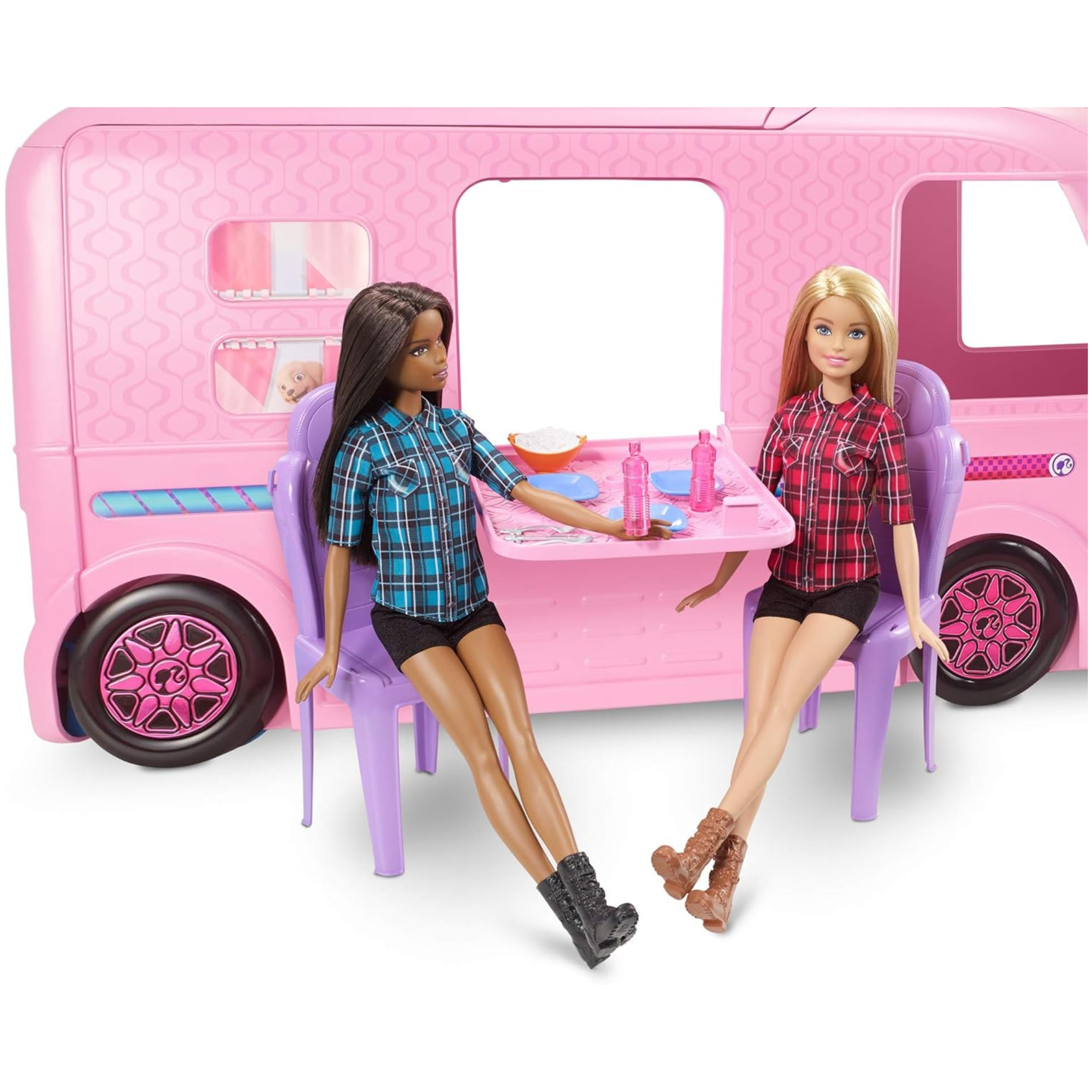 Barbie DreamCamper Playset – Adventure Camper Toy Vehicle with 50+ Accessories Including Furniture, Pool with Slide, Hammocks & Campfire Setup. The incredible Barbie DreamCamper transforms from a stylish RV into a fully equipped campsite playset FBR34 thumbnail