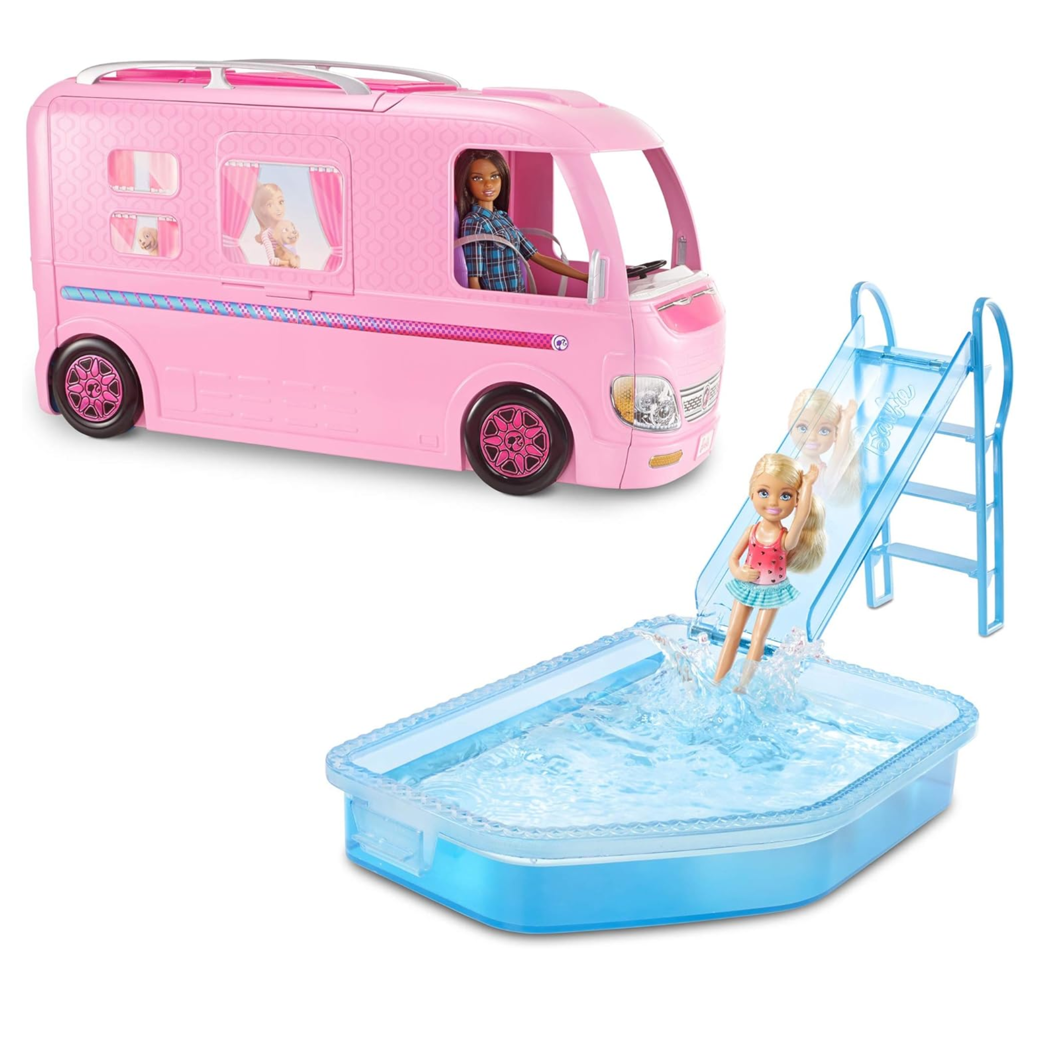 Barbie DreamCamper Playset – Adventure Camper Toy Vehicle with 50+ Accessories Including Furniture, Pool with Slide, Hammocks & Campfire Setup. The incredible Barbie DreamCamper transforms from a stylish RV into a fully equipped campsite playset FBR34 thumbnail