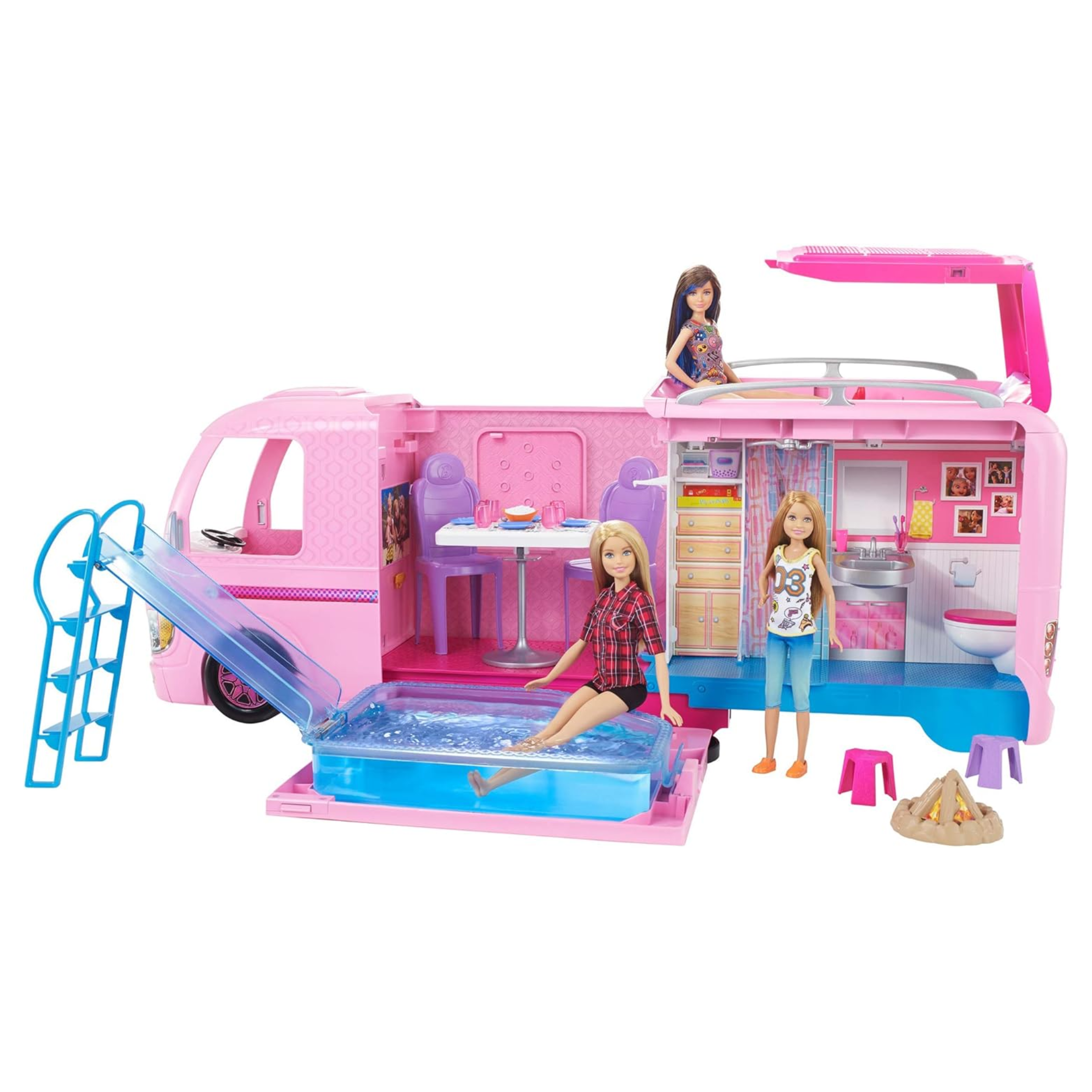 Barbie DreamCamper Playset – Adventure Camper Toy Vehicle with 50+ Accessories Including Furniture, Pool with Slide, Hammocks & Campfire Setup. The incredible Barbie DreamCamper transforms from a stylish RV into a fully equipped campsite playset FBR34 thumbnail