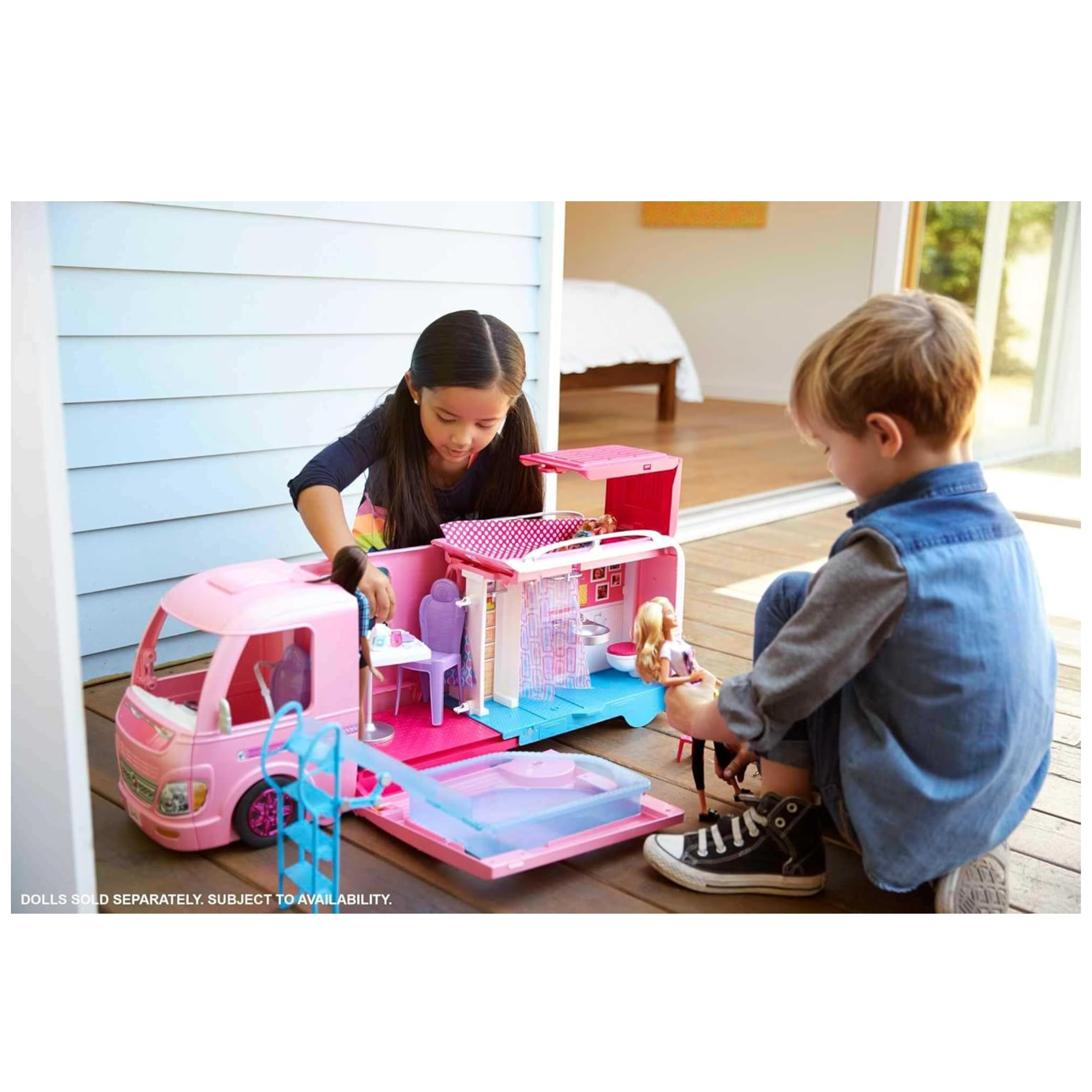 Barbie DreamCamper Playset – Adventure Camper Toy Vehicle with 50+ Accessories Including Furniture, Pool with Slide, Hammocks & Campfire Setup. The incredible Barbie DreamCamper transforms from a stylish RV into a fully equipped campsite playset FBR34 thumbnail