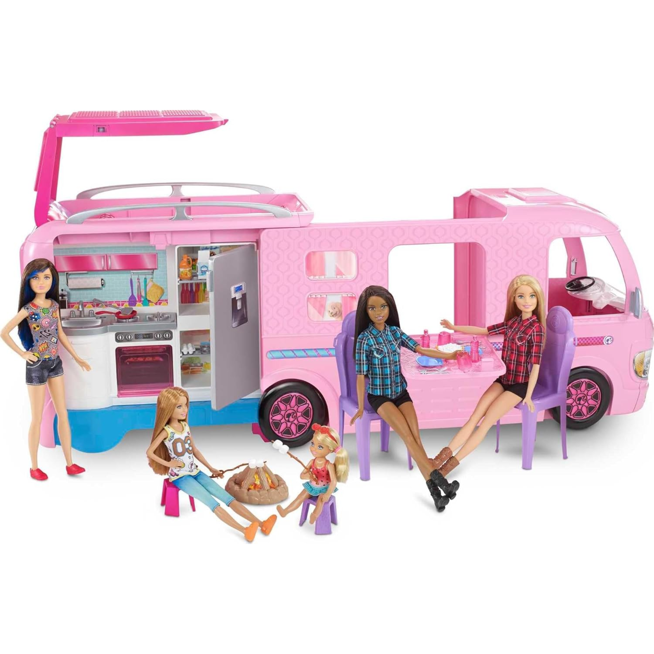 Barbie DreamCamper Playset – Adventure Camper Toy Vehicle with 50+ Accessories Including Furniture, Pool with Slide, Hammocks & Campfire Setup. The incredible Barbie DreamCamper transforms from a stylish RV into a fully equipped campsite playset FBR34 thumbnail