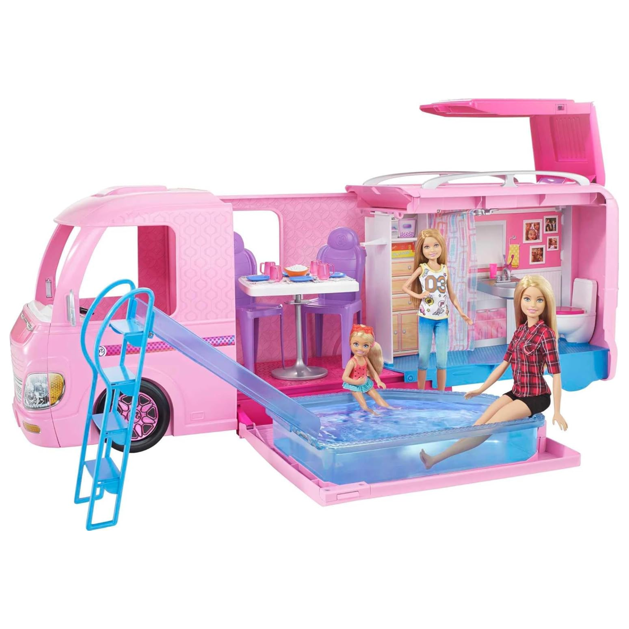 Barbie DreamCamper Playset – Adventure Camper Toy Vehicle with 50+ Accessories Including Furniture, Pool with Slide, Hammocks & Campfire Setup. The incredible Barbie DreamCamper transforms from a stylish RV into a fully equipped campsite playset FBR34 thumbnail