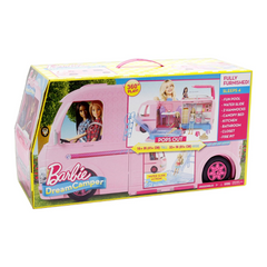 Barbie DreamCamper Playset – Adventure Camper Toy Vehicle with 50+ Accessories Including Furniture, Pool with Slide, Hammocks & Campfire Setup. The incredible Barbie DreamCamper transforms from a stylish RV into a fully equipped campsite playset FBR34