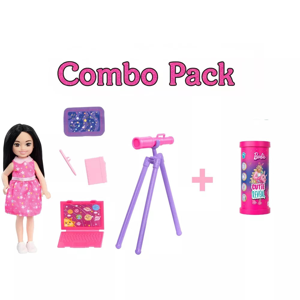 Barbie Chelsea Can Be Astronomer Doll Playset & Mini BarbieLand Cutie Reveal Doll with Pet, 2-Piece Combo Pack thumbnail