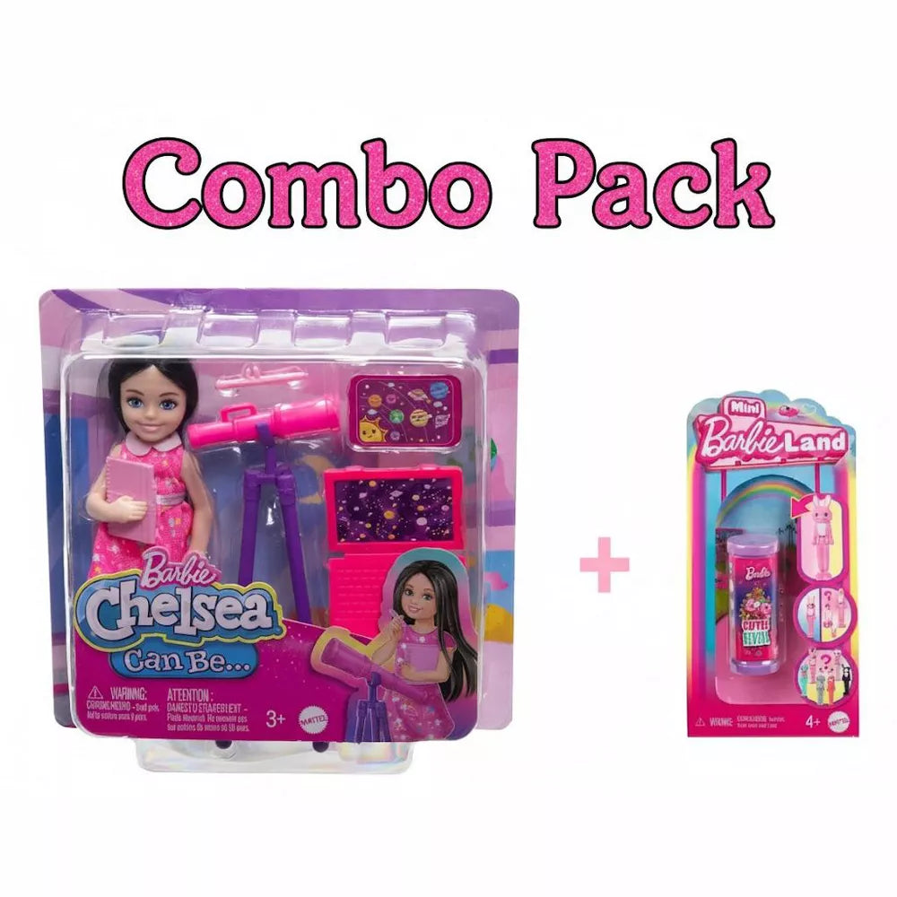 Barbie Chelsea Can Be Astronomer Doll Playset & Mini BarbieLand Cutie Reveal Doll with Pet, 2-Piece Combo Pack thumbnail