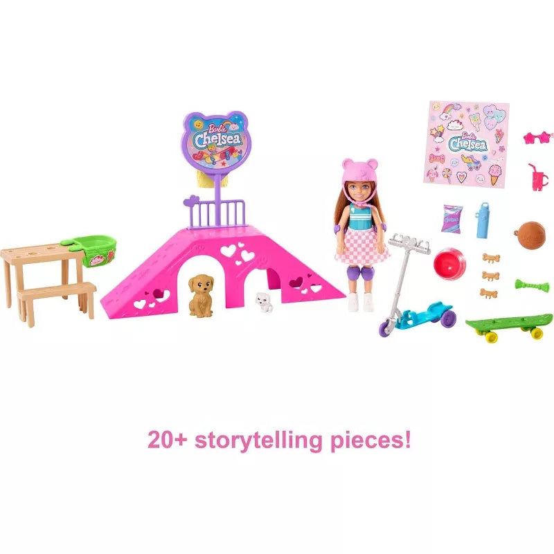Barbie Chelsea Doll & Skate Park Playset with 2 Puppies, Ramp & 15+ Accessories thumbnail