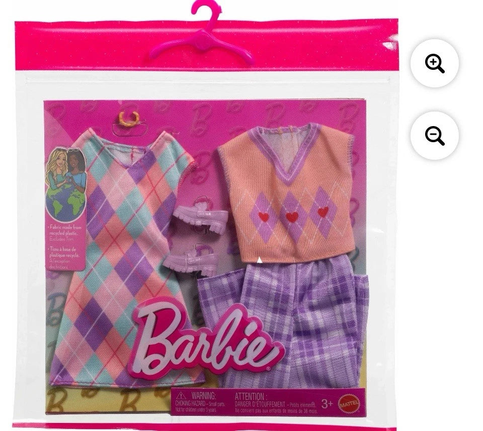 Barbie Clothes, Fashion and Accessory Set – 2 Argyle-Themed Outfits for 11.5