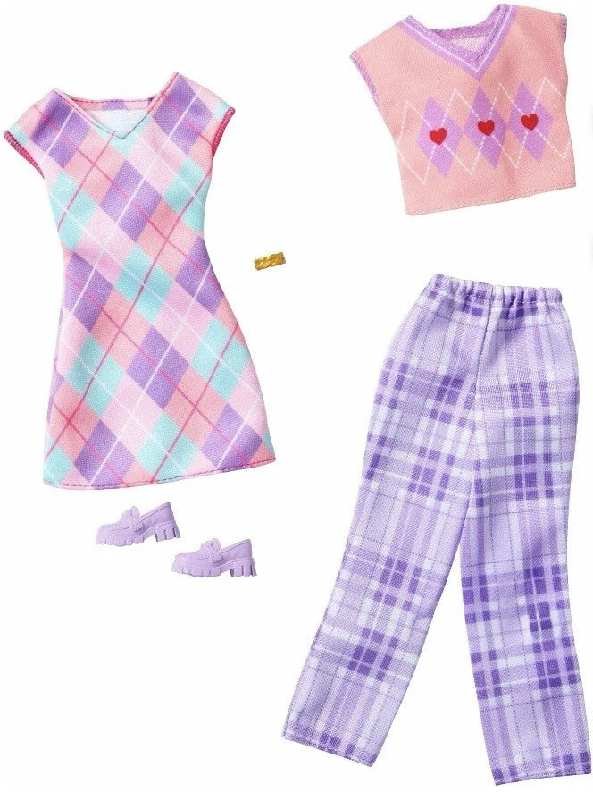 Barbie Clothes, Fashion and Accessory Set – 2 Argyle-Themed Outfits for 11.5
