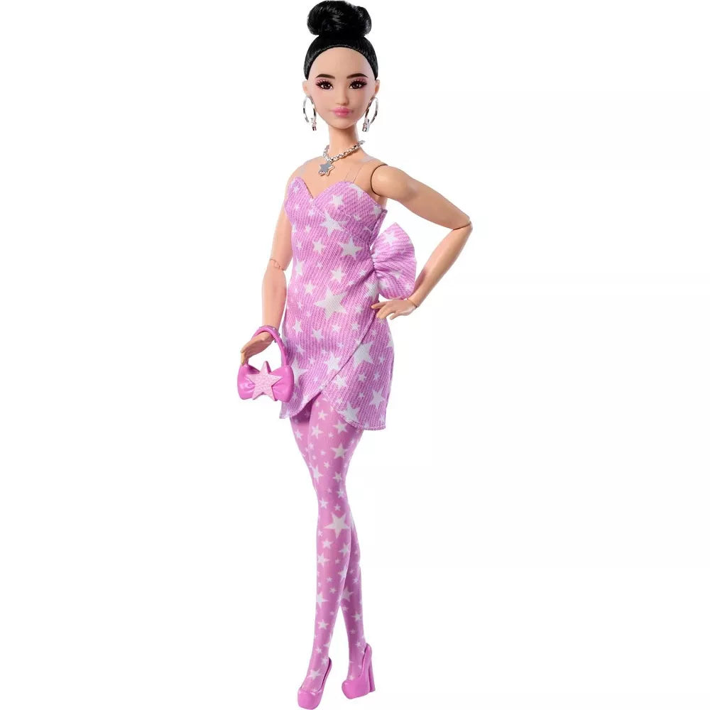 Barbie Deluxe Fashion Doll #11 – Pink Denim Star Dress, High Bun Hairstyle with Handbag & Jewelry Accessories Set thumbnail