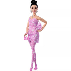 Barbie Deluxe Fashion Doll #11 – Pink Denim Star Dress, High Bun Hairstyle with Handbag & Jewelry Accessories Set