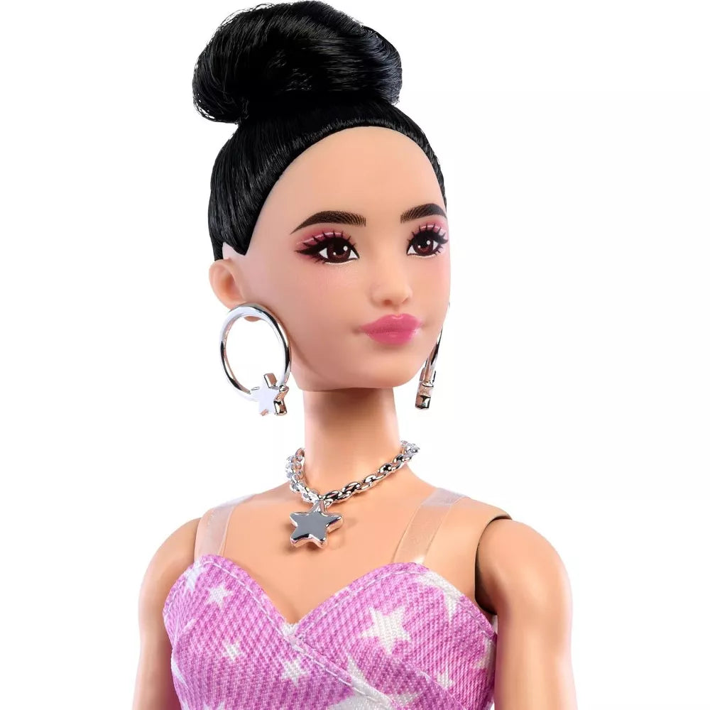 Barbie Deluxe Fashion Doll #11 – Pink Denim Star Dress, High Bun Hairstyle with Handbag & Jewelry Accessories Set thumbnail