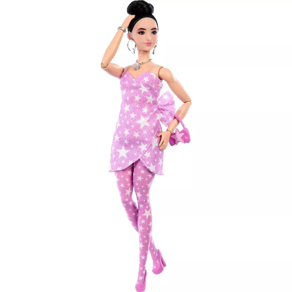 Barbie Deluxe Fashion Doll #11 – Pink Denim Star Dress, High Bun Hairstyle with Handbag & Jewelry Accessories Set thumbnail