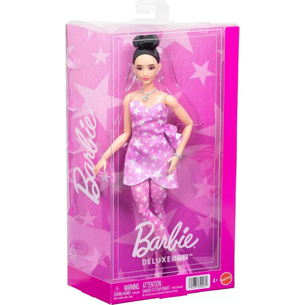 Barbie Deluxe Fashion Doll #11 – Pink Denim Star Dress, High Bun Hairstyle with Handbag & Jewelry Accessories Set thumbnail