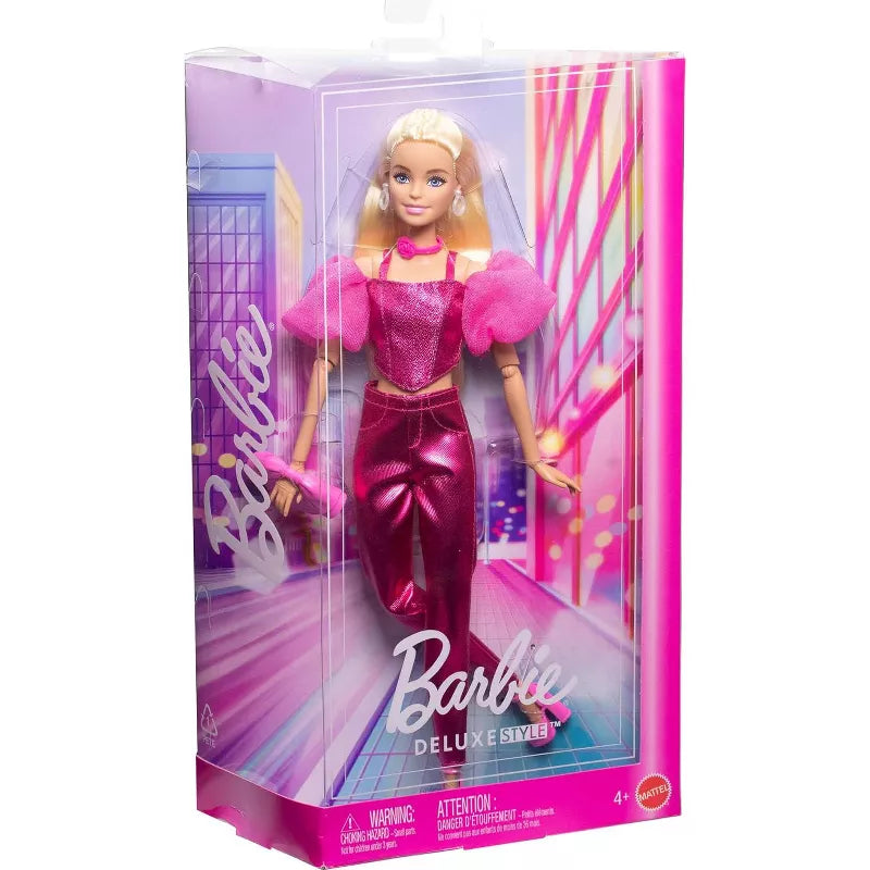 Barbie Deluxe Style Doll #5 in Metallic Pink Outfit, Blonde Hair, Sparkly Corset Top and Shiny Pants with Accessories thumbnail