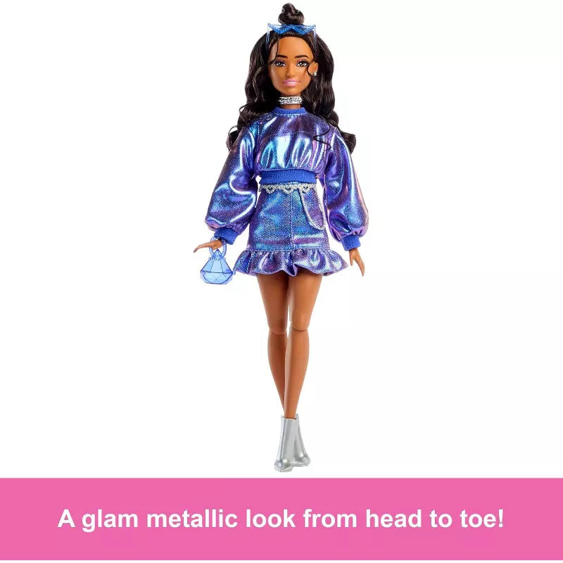 Barbie Deluxe Style Doll #7 in Metallic Blue Top and Skirt, Wavy Brown Hair, Accessories thumbnail
