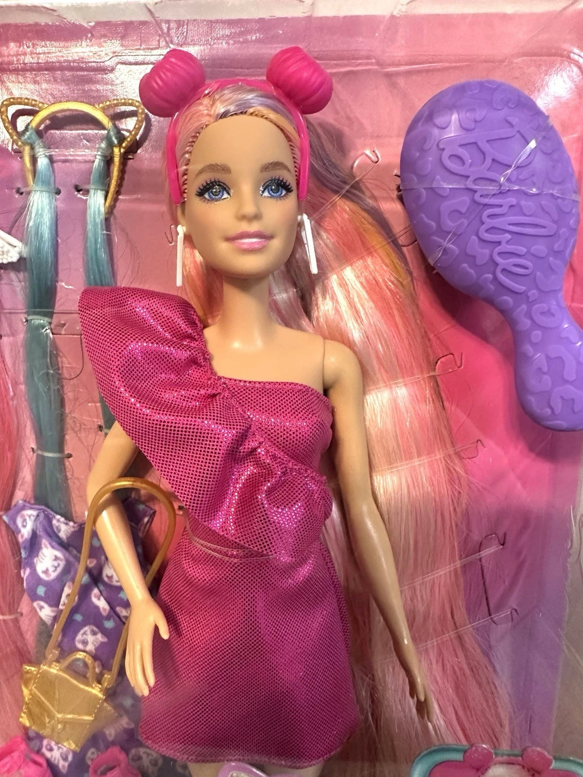 Barbie Fun & Fancy Hair Doll with Extra-Long Colorful Blonde Hair and Glossy Pink Dress for Creative Play thumbnail