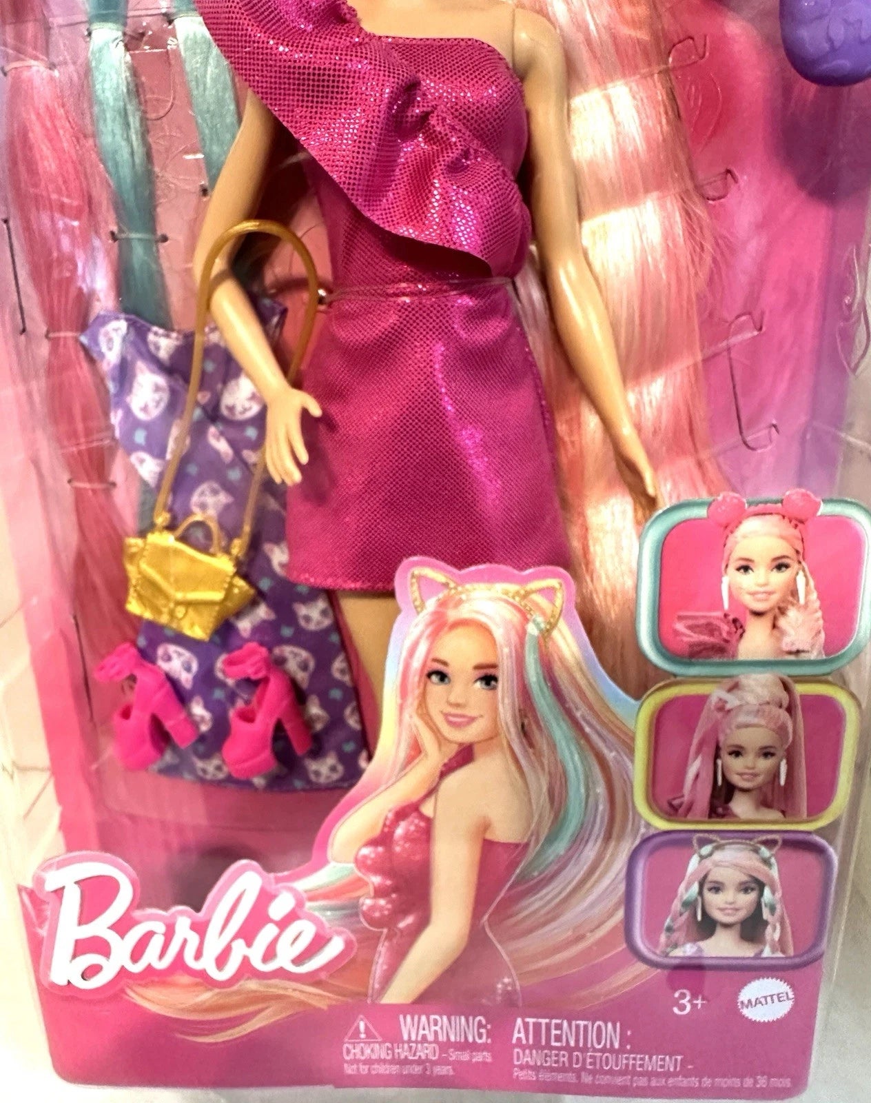 Barbie Fun & Fancy Hair Doll with Extra-Long Colorful Blonde Hair and Glossy Pink Dress for Creative Play thumbnail