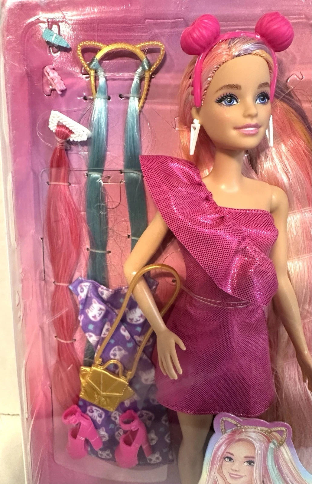 Barbie Fun & Fancy Hair Doll with Extra-Long Colorful Blonde Hair and Glossy Pink Dress for Creative Play thumbnail