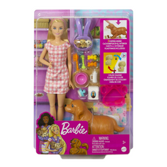 Barbie Doll & Newborn Pets Playset with Pregnant Mom Dog, Color-Change Puppies & Accessories, Blonde Barbie® doll's knees bend, and she comes 10 accessories that include toys, food and more, to play out pet care! HCK75