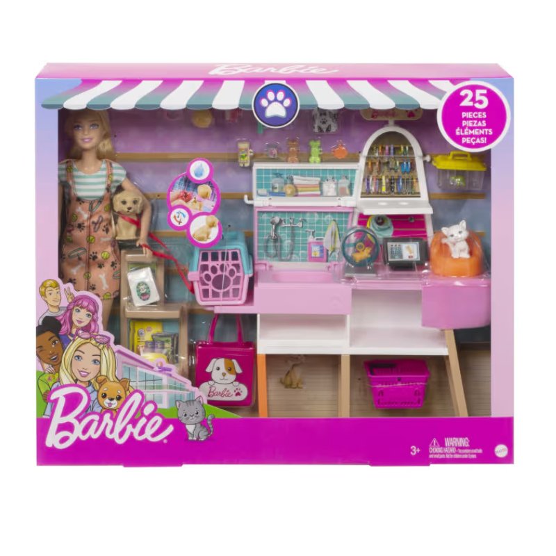 Barbie Doll  and Pet Boutique Playset with 4 Pets, Color-Change Grooming. Step into the Barbie pet boutique playset, where kids can assist Barbie doll in caring for her animal companions! GRG90 thumbnail