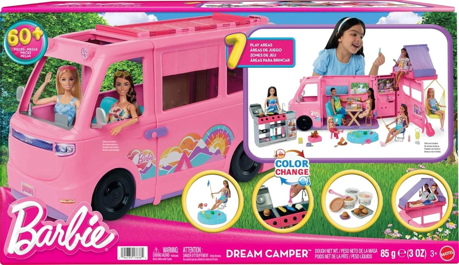 Barbie Dream Camper Playset Fishing Pond, BBQ Grill with Color-Change