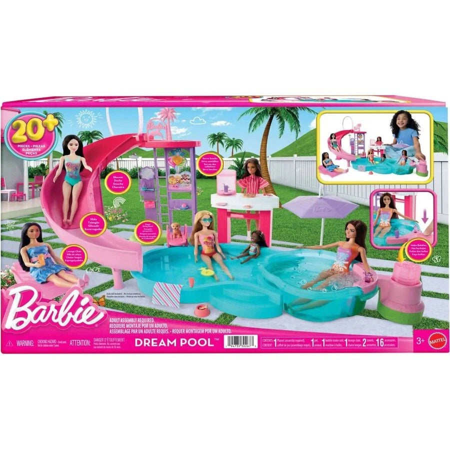 Barbie Dream Pool Playset with Slide, Bubbling Hot Tub, Fashionable Accessories, and Interactive Water Features