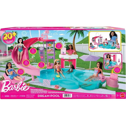 Barbie Dream Pool Playset with Slide, Bubbling Hot Tub, Fashionable Accessories, and Interactive Water Features