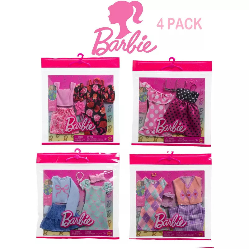 Barbie Fashion Outfit 4-Pack Bundle with Argyle, Polka Dot, Bow & Rose-Themed Clothing and Accessory Sets