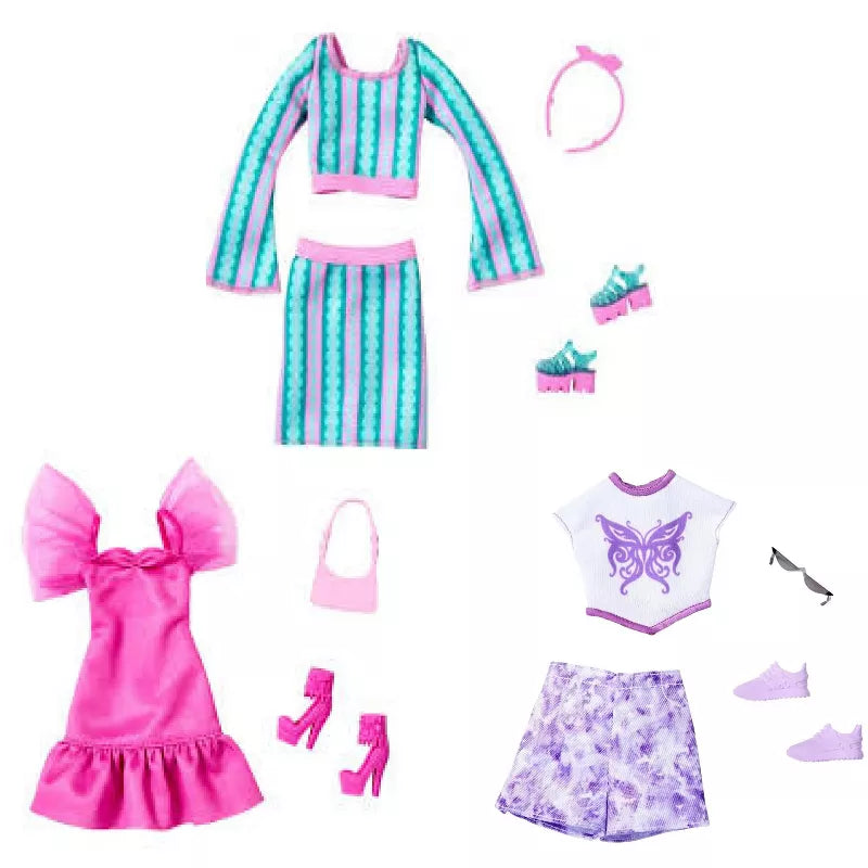 Barbie Fashion Outfit Bundle – Butterfly, Pink Party, Striped, Heart Print & Floral Sets with Accessories