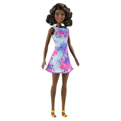 Barbie Flower Dress African American Mattel Barbie Flower Dress - A vibrant dress featuring hearts and stars, paired with matching colorful shoes for an extra pop. Her brunette hair is styled in curls for a contemporary look. GVJ98