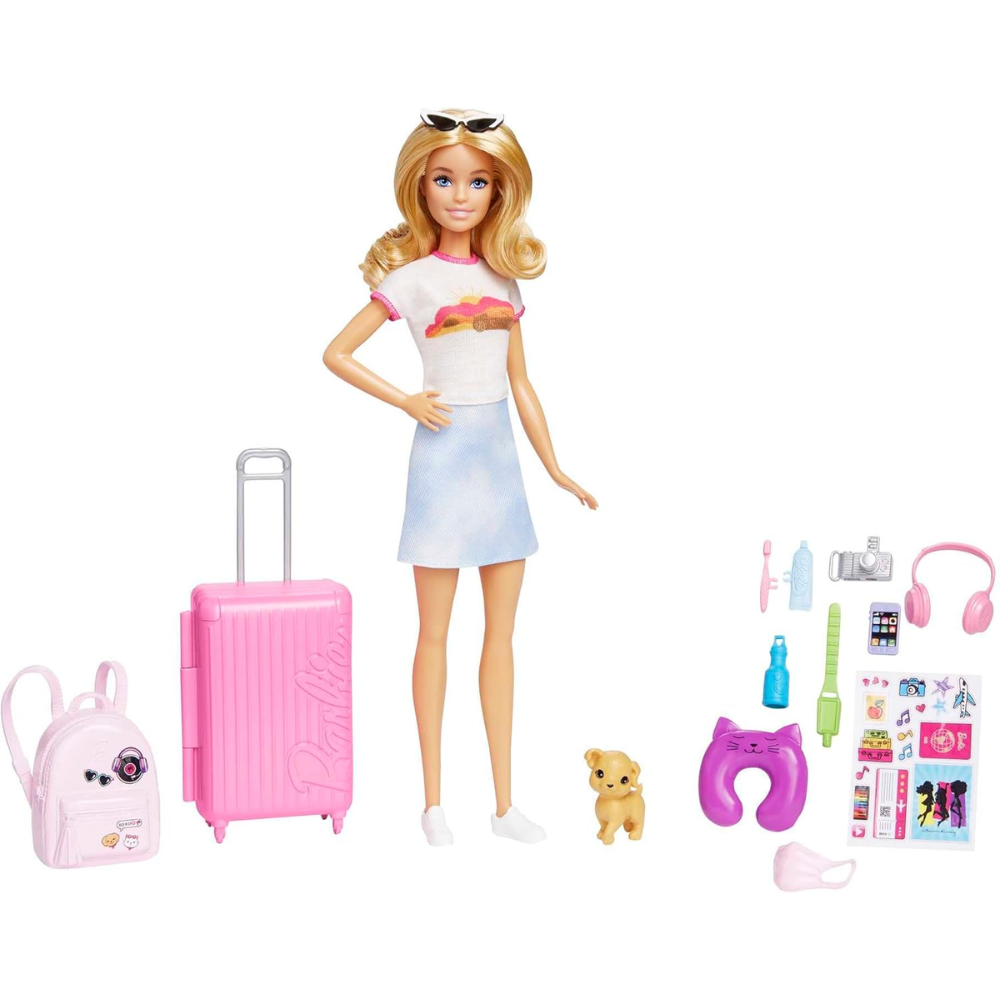 Barbie Doll and Accessories, 'Malibu' Travel Set with Puppy and 10+ Pieces Including Working Suitcase. The suitcase opens and closes, offering a hands-on experience that teaches kids to stay organized while they pack for Barbie’s adventures. HJY18 thumbnail