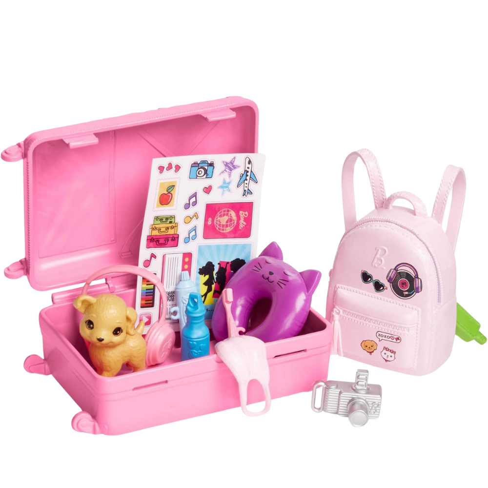 Barbie Doll and Accessories, 'Malibu' Travel Set with Puppy and 10+ Pieces Including Working Suitcase. The suitcase opens and closes, offering a hands-on experience that teaches kids to stay organized while they pack for Barbie’s adventures. HJY18 thumbnail
