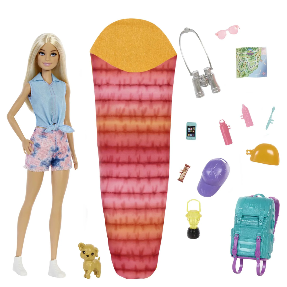 Barbie Malibu Doll & 10+ Accessories, Camping-Theme Set with Puppy, Sleeping Bag & More. Embark on an exciting adventure with 'Brooklyn' Barbie doll in this camping playset, inspired by the popular Barbie series, It Takes Two! HDF73 thumbnail
