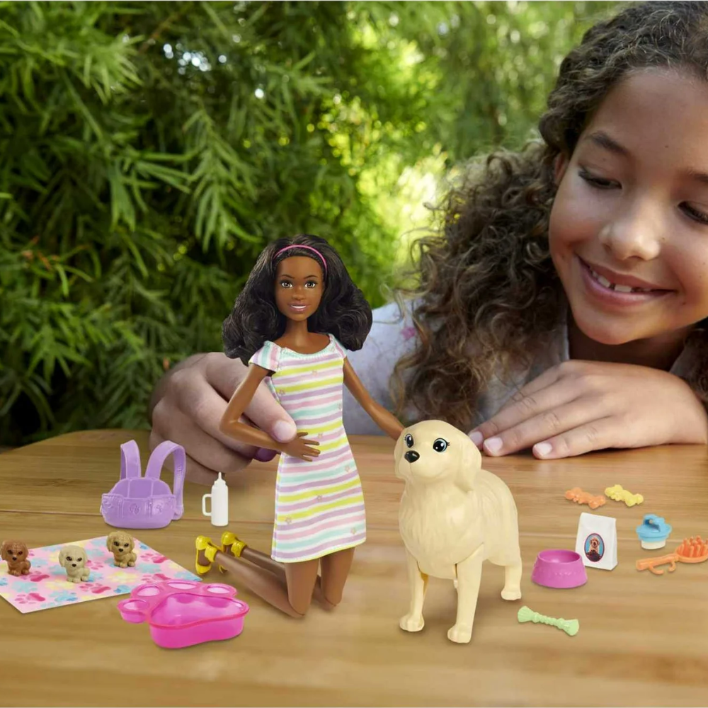 Barbie Pets Doll & Newborn Pups Playset with Mom Dog, 3 Color-Change Puppies & Accessories, Brunette. The Barbie Pup Adoption playset promotes caring play with Barbie doll, two puppies, accessories, and a color-change feature for added fun. HCK76 thumbnail