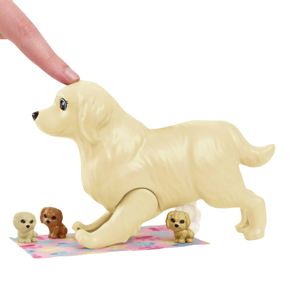 Barbie Pets Doll & Newborn Pups Playset with Mom Dog, 3 Color-Change Puppies & Accessories, Brunette. The Barbie Pup Adoption playset promotes caring play with Barbie doll, two puppies, accessories, and a color-change feature for added fun. HCK76 thumbnail