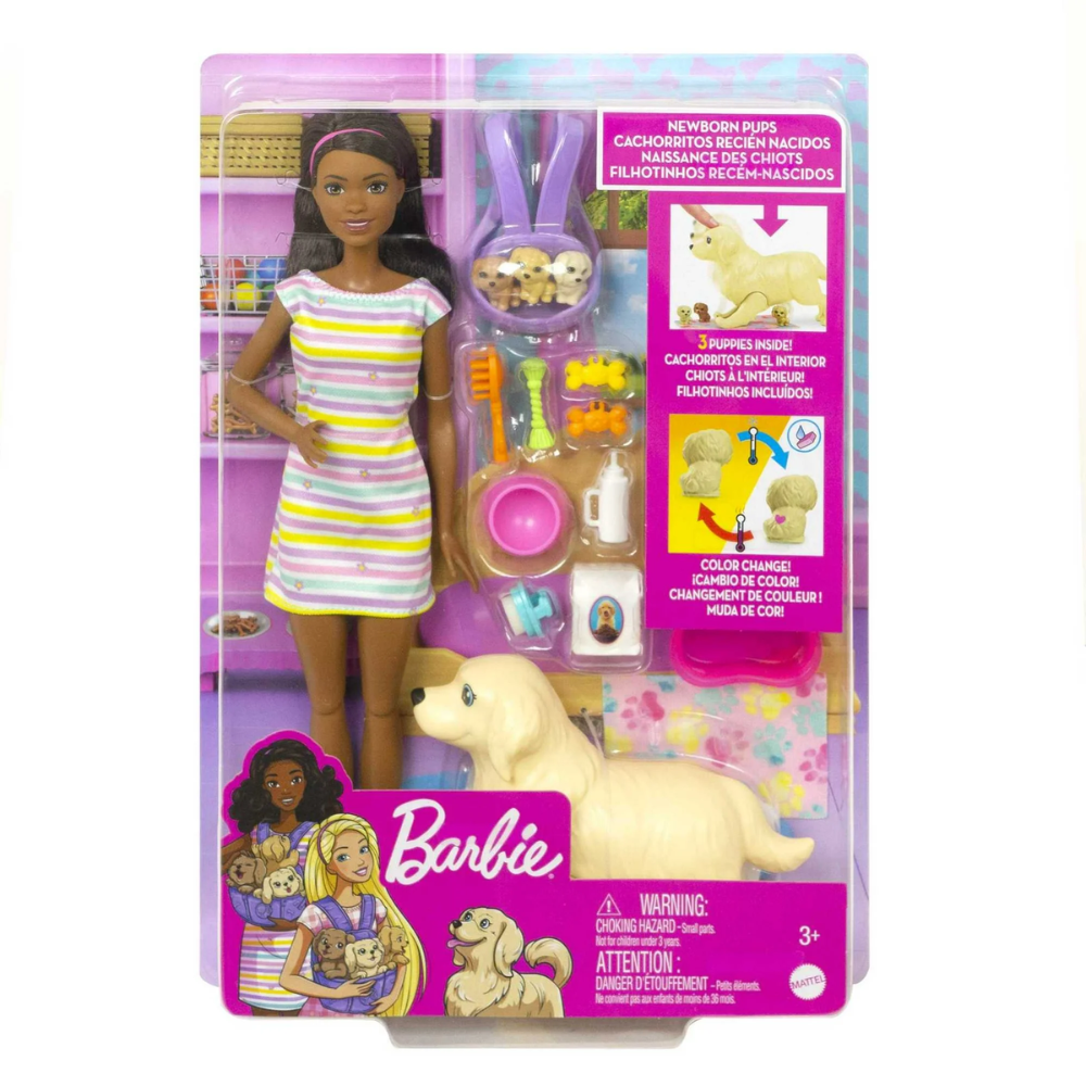 Barbie Pets Doll & Newborn Pups Playset with Mom Dog, 3 Color-Change Puppies & Accessories, Brunette. The Barbie Pup Adoption playset promotes caring play with Barbie doll, two puppies, accessories, and a color-change feature for added fun. HCK76 thumbnail