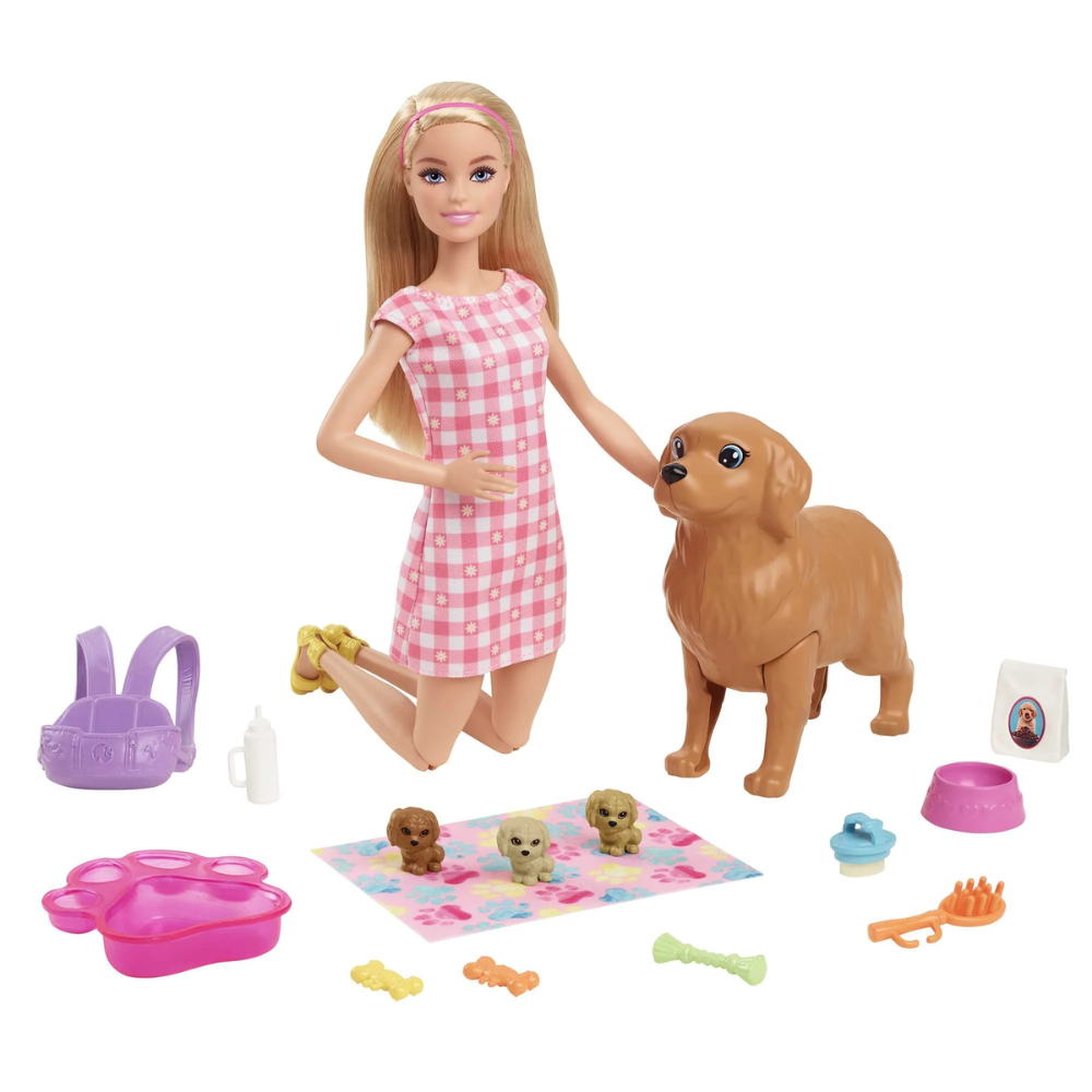 Barbie Doll & Newborn Pets Playset with Pregnant Mom Dog, Color-Change Puppies & Accessories, Blonde Barbie® doll's knees bend, and she comes 10 accessories that include toys, food and more, to play out pet care! HCK75 thumbnail