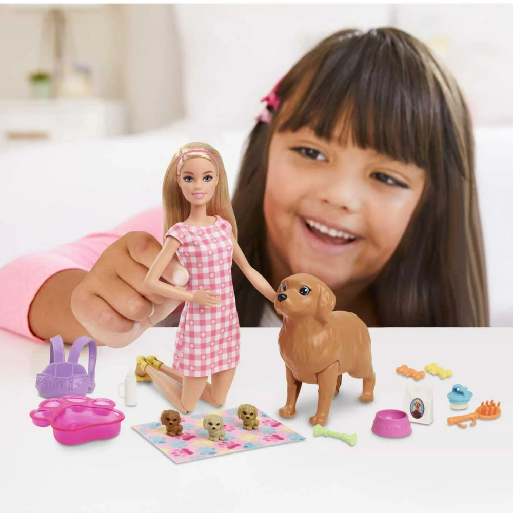 Barbie Doll & Newborn Pets Playset with Pregnant Mom Dog, Color-Change Puppies & Accessories, Blonde Barbie® doll's knees bend, and she comes 10 accessories that include toys, food and more, to play out pet care! HCK75 thumbnail